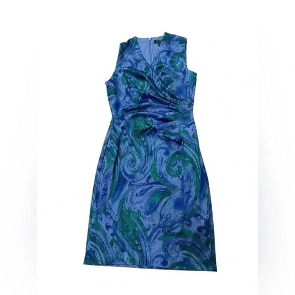 Lauren By Ralph Lauren Blue Paisley Faux Wrap Satin Dress Size 10 NWT - Picture 1 of 12